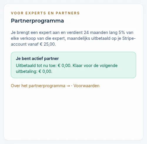Het blok Partnerprogramma met de status Je bent actief partner