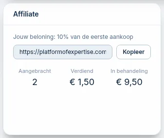 Het widget Affiliate met de persoonlijke link en de verdiensten