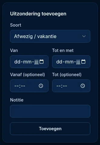 Het formulier Uitzondering toevoegen