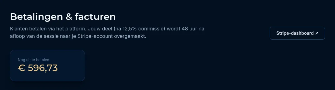 Kop van de pagina Betalingen & facturen met de knop Stripe-dashboard