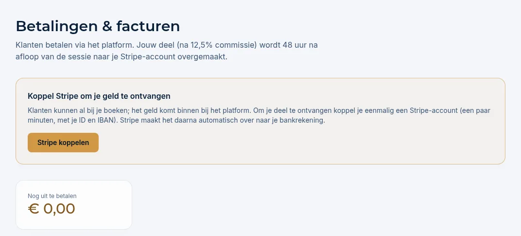 De pagina Betalingen & facturen zonder Stripe-koppeling
