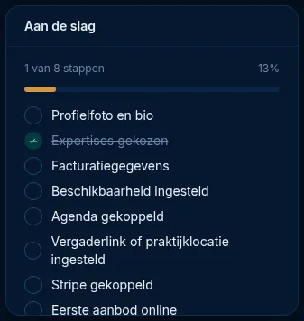 Het widget Aan de slag van een nieuwe expert met Stripe gekoppeld nog open