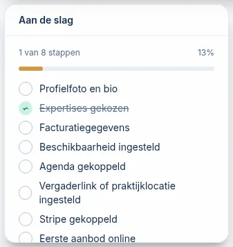 Het widget Aan de slag van een nieuwe expert met Stripe gekoppeld nog open