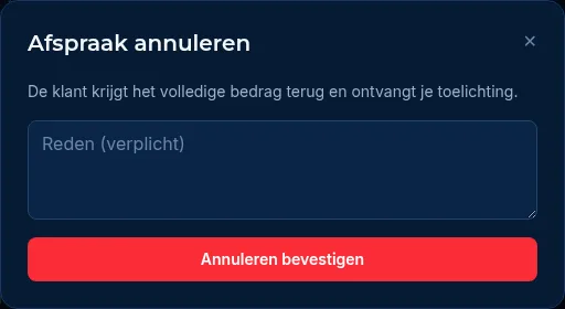 Het venster Afspraak annuleren met de verplichte reden