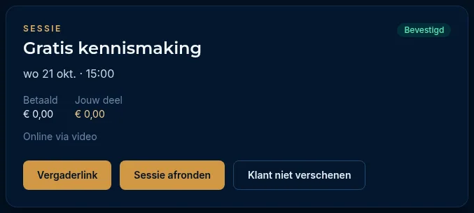 Een afgelopen boeking met de knoppen Sessie afronden en Klant niet verschenen