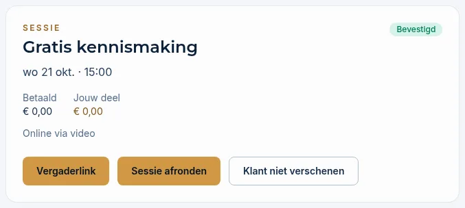 Een afgelopen boeking met de knoppen Sessie afronden en Klant niet verschenen