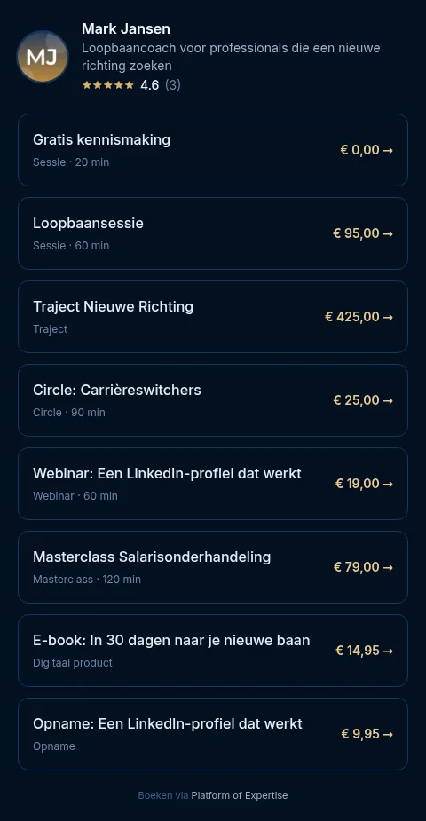 Voorbeeld van de boekingswidget met aanbod en prijzen