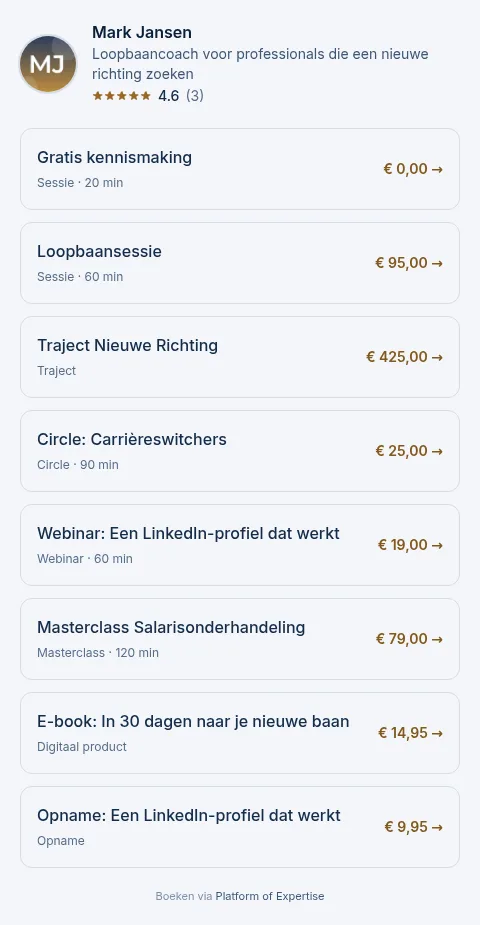 Voorbeeld van de boekingswidget met aanbod en prijzen