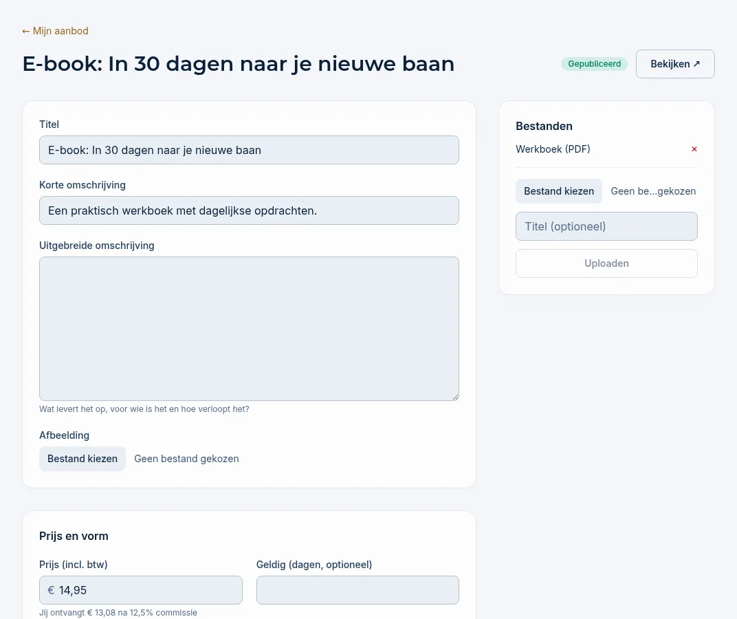 De bewerkpagina van een digitaal product