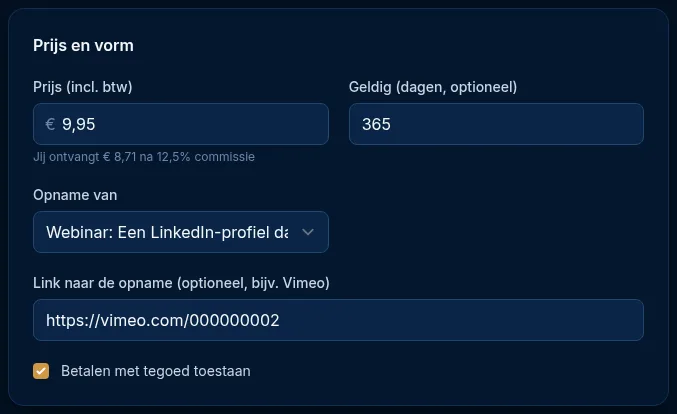 Het blok Prijs en vorm van een opname met Opname van en de link naar de opname