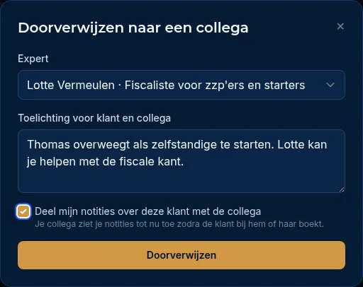 Het venster Doorverwijzen naar een collega met het vinkje om je notities te delen