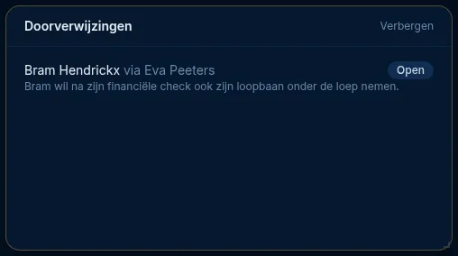 Het widget Doorverwijzingen met een doorverwezen klant en de status Geboekt