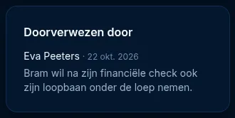 Het blok Doorverwezen door met de toelichting en een gedeelde notitie van de collega