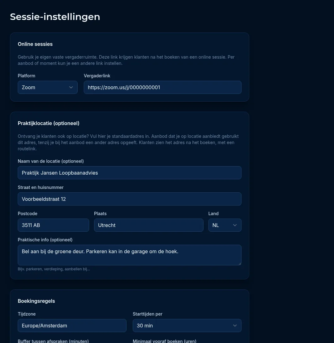 De pagina Sessie-instellingen met vergaderlink, boekingsregels en annuleringsbeleid