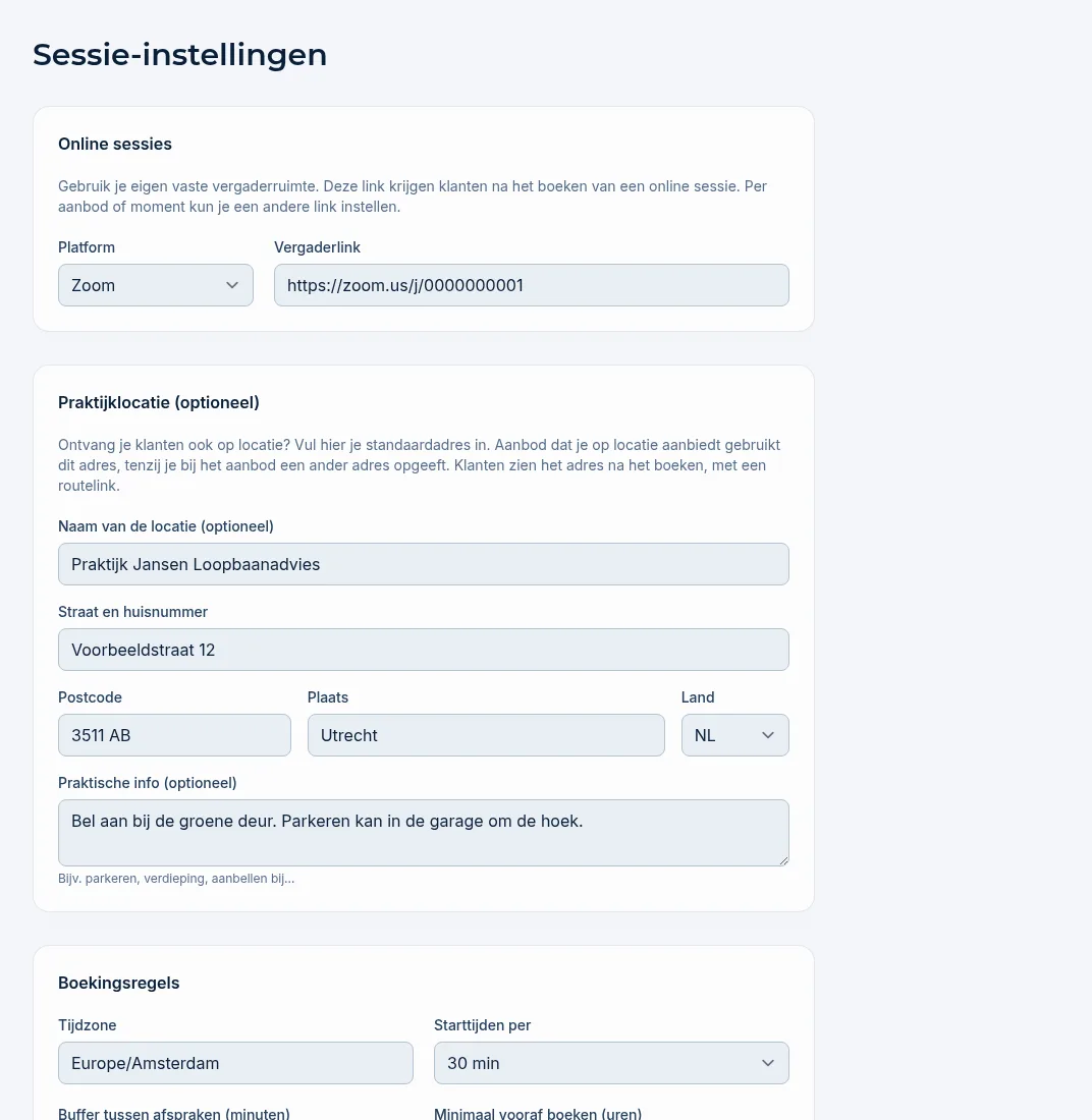 De pagina Sessie-instellingen met vergaderlink, boekingsregels en annuleringsbeleid