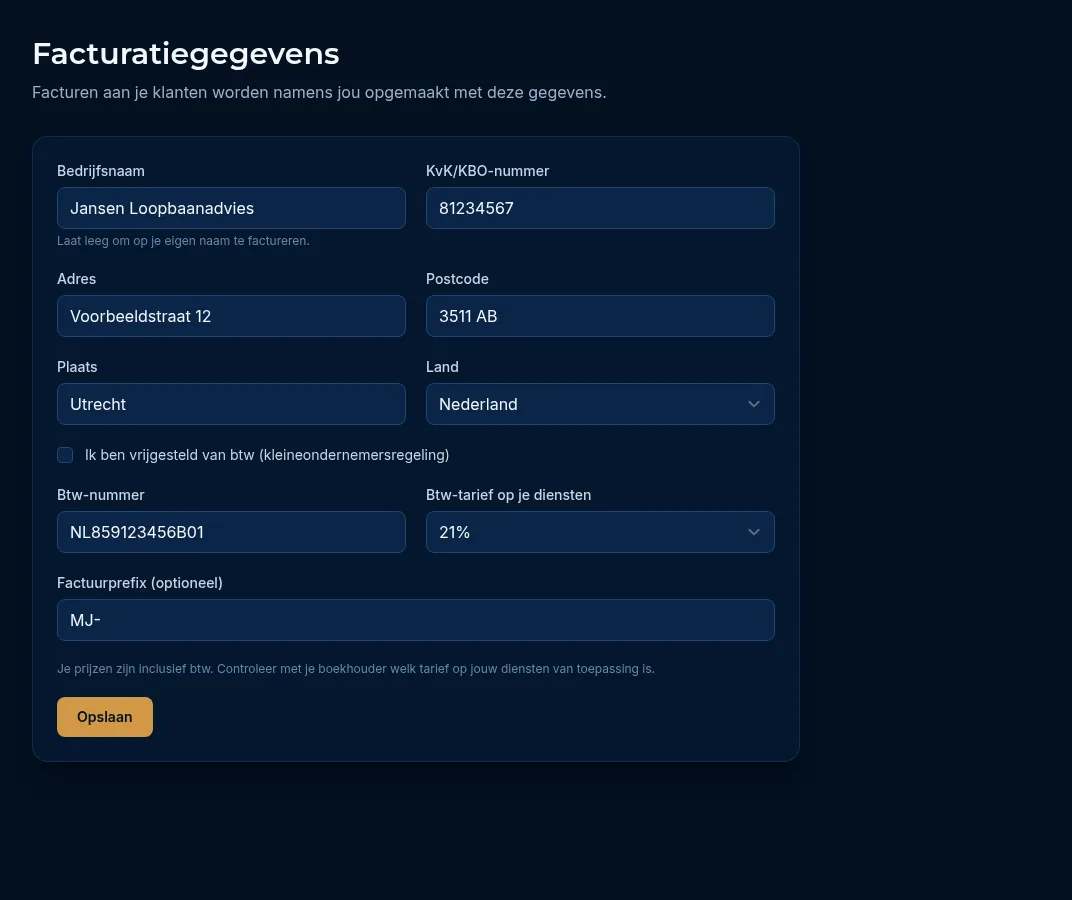 De pagina Facturatiegegevens met bedrijfsgegevens, btw en factuurprefix