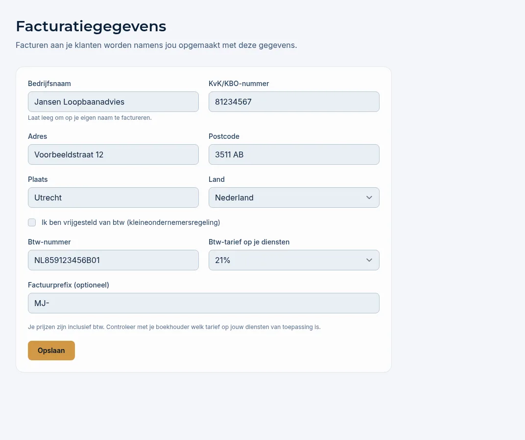 De pagina Facturatiegegevens met bedrijfsgegevens, btw en factuurprefix