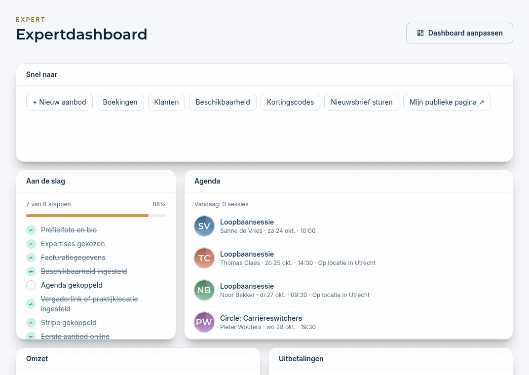 Bovenkant van het expertdashboard met Snel naar, Aan de slag en Agenda