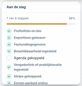 Het widget Aan de slag met 7 van 8 stappen afgerond