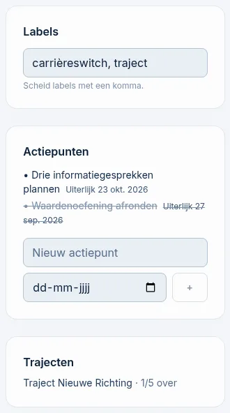 De zijkolom met labels, actiepunten en trajecten
