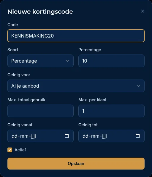 Het venster Nieuwe kortingscode