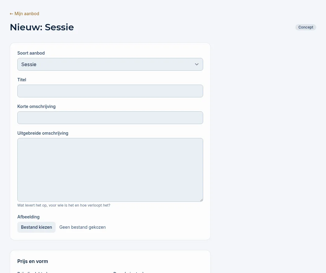 Het formulier Nieuw: Sessie