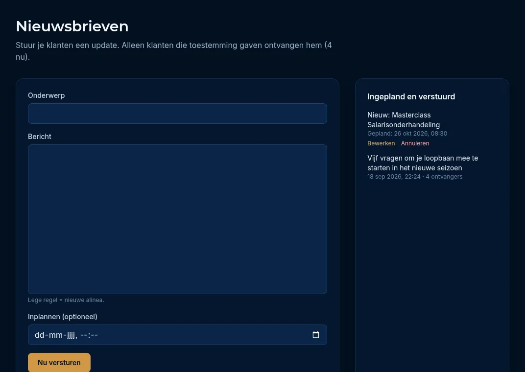 De pagina Nieuwsbrieven met het formulier en de lijst Ingepland en verstuurd
