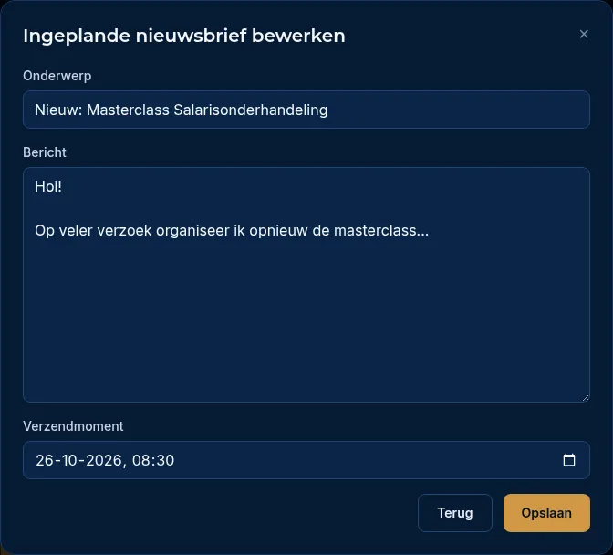 Het venster Ingeplande nieuwsbrief bewerken met onderwerp, bericht en verzendmoment