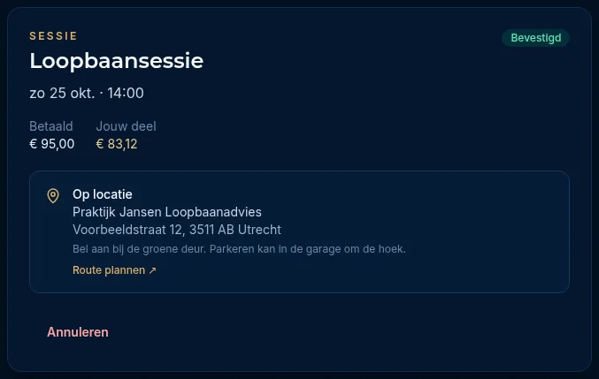 Een boeking op locatie met het adres, de praktische info en de link Route plannen