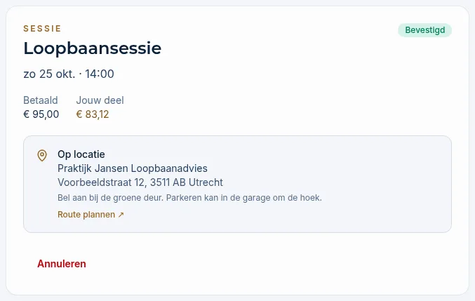 Een boeking op locatie met het adres, de praktische info en de link Route plannen