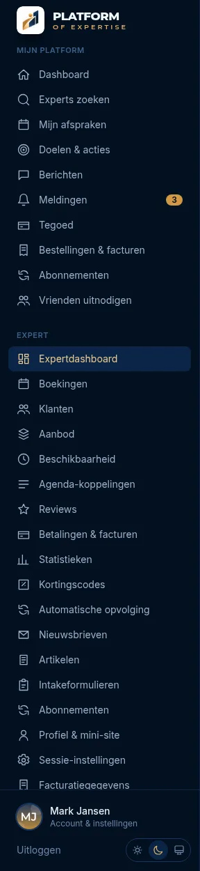 Zijbalk met het blok Expert en alle experttools