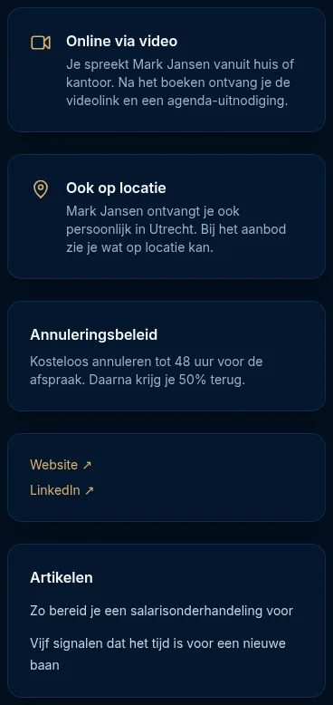 De zijkolom met online via video, annuleringsbeleid en links