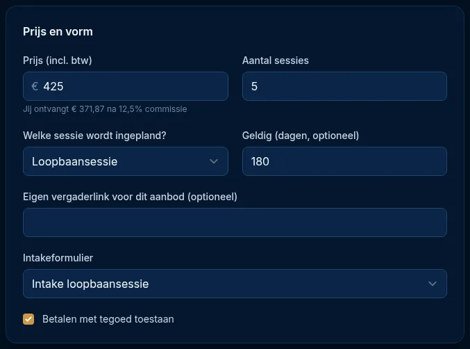 Het blok Prijs en vorm van een traject met aantal sessies, gekoppelde sessie en geldigheid
