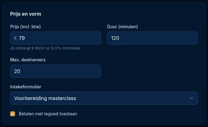 Het blok Prijs en vorm van een masterclass