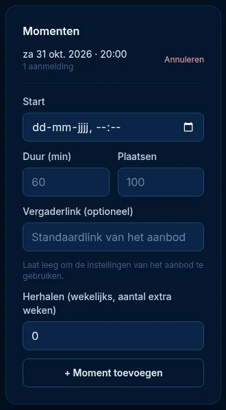 Het blok Momenten van een webinar met de velden Start, Duur, Plaatsen en Vergaderlink