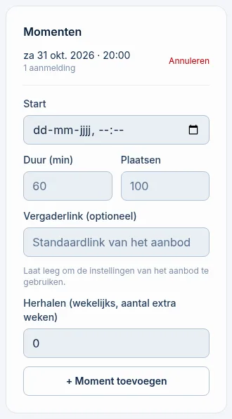 Het blok Momenten van een webinar met de velden Start, Duur, Plaatsen en Vergaderlink