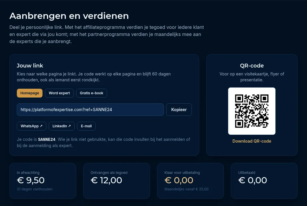 De pagina Aanbrengen en verdienen met je link, de QR-code en de tellers