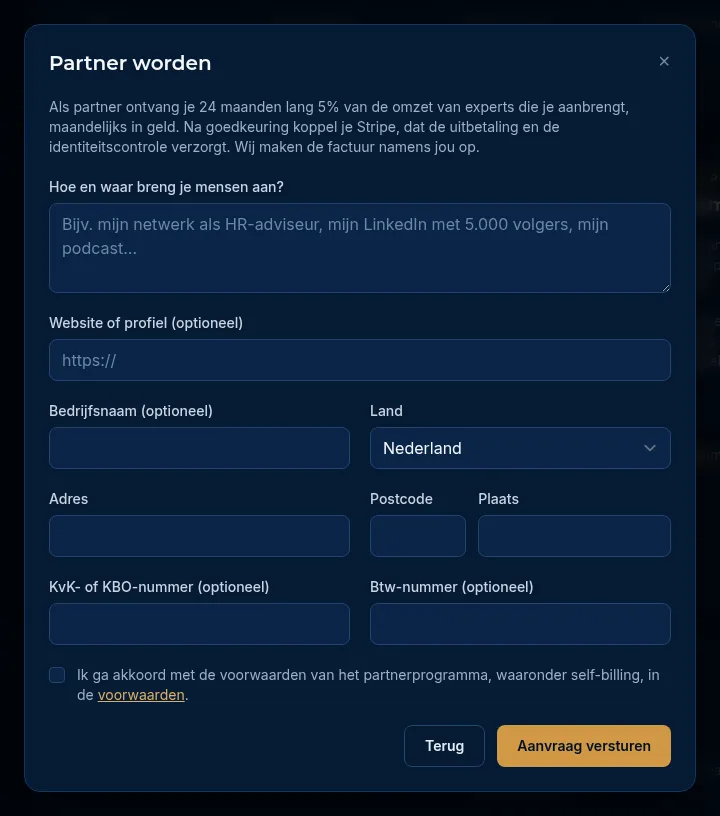 Het formulier Partner worden
