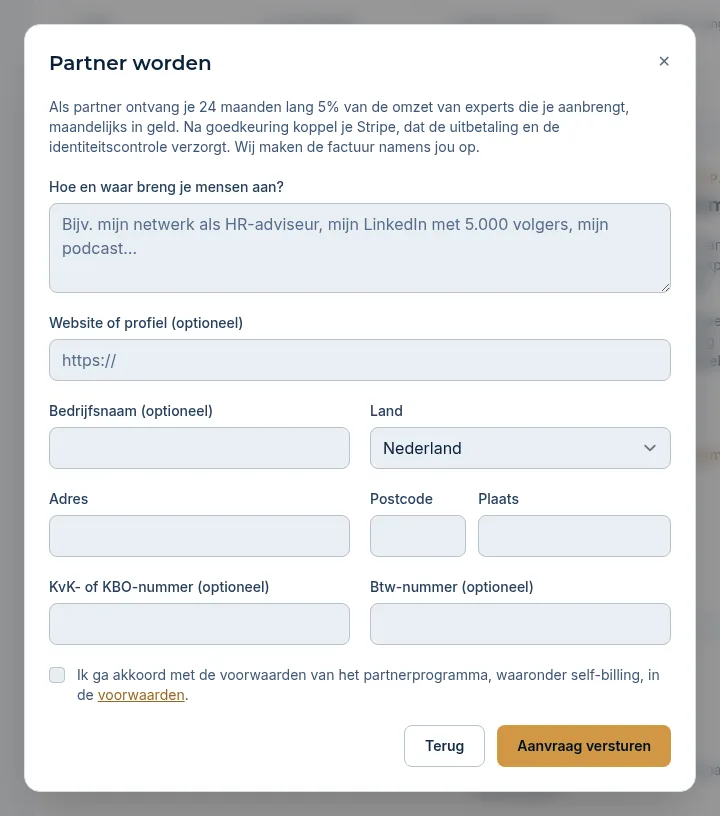 Het formulier Partner worden