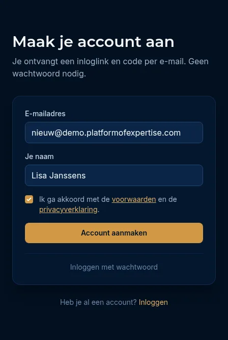 Het formulier Maak je account aan met e-mailadres, naam en het vinkje voor de voorwaarden
