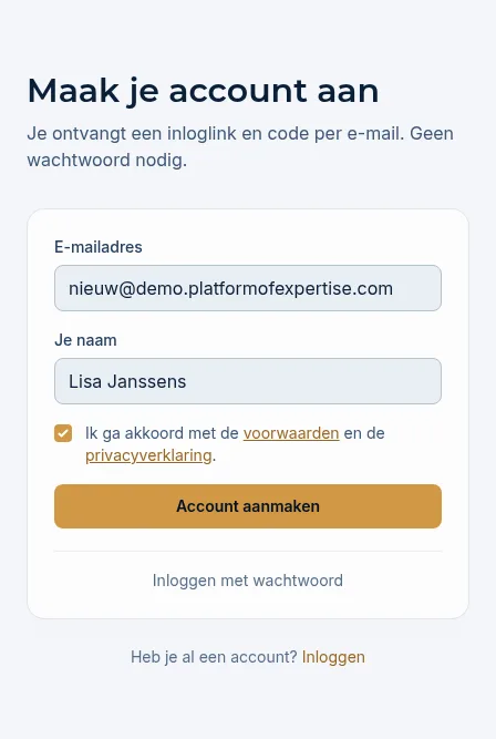 Het formulier Maak je account aan met e-mailadres, naam en het vinkje voor de voorwaarden