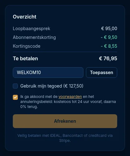 Het Overzicht met de prijs, abonnementskorting, kortingscode, het bedrag Te betalen en de knop Afrekenen