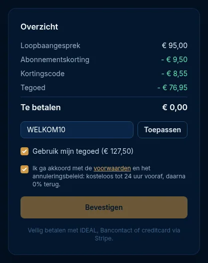Het overzicht met tegoed: het tegoed dekt het volledige bedrag, Te betalen is € 0,00 en de knop heet Bevestigen