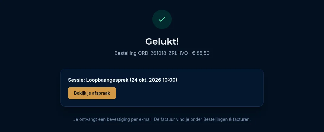De bevestiging Gelukt! met het bestelnummer en de knop Bekijk je afspraak