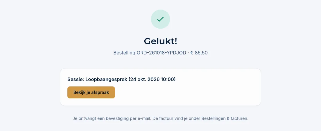 De bevestiging Gelukt! met het bestelnummer en de knop Bekijk je afspraak