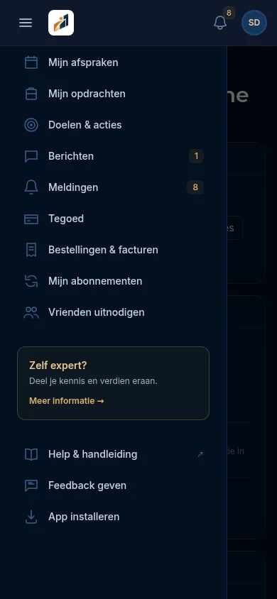 Het menu op een telefoon met onderaan Help & handleiding, Feedback geven en App installeren