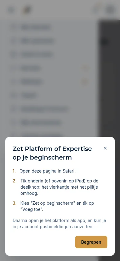 Het venster Zet Platform of Expertise op je beginscherm met drie stappen