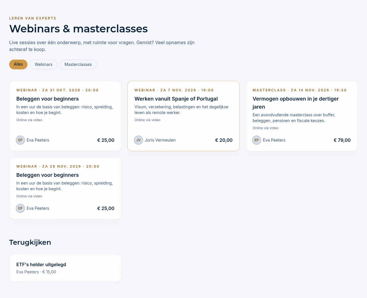 Het overzicht Webinars & masterclasses met de filterknoppen en onderaan Terugkijken
