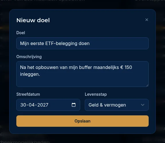 Het venster Nieuw doel met de velden Doel, Omschrijving, Streefdatum en Levensstap