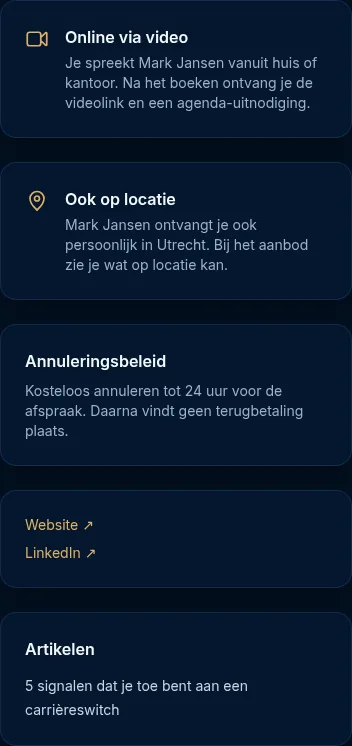 De zijkolom met Online via video, het annuleringsbeleid, links en artikelen